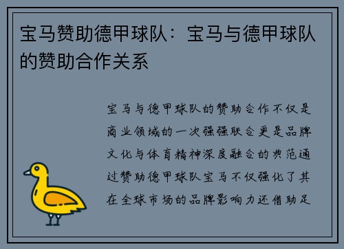 宝马赞助德甲球队：宝马与德甲球队的赞助合作关系