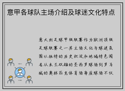 意甲各球队主场介绍及球迷文化特点